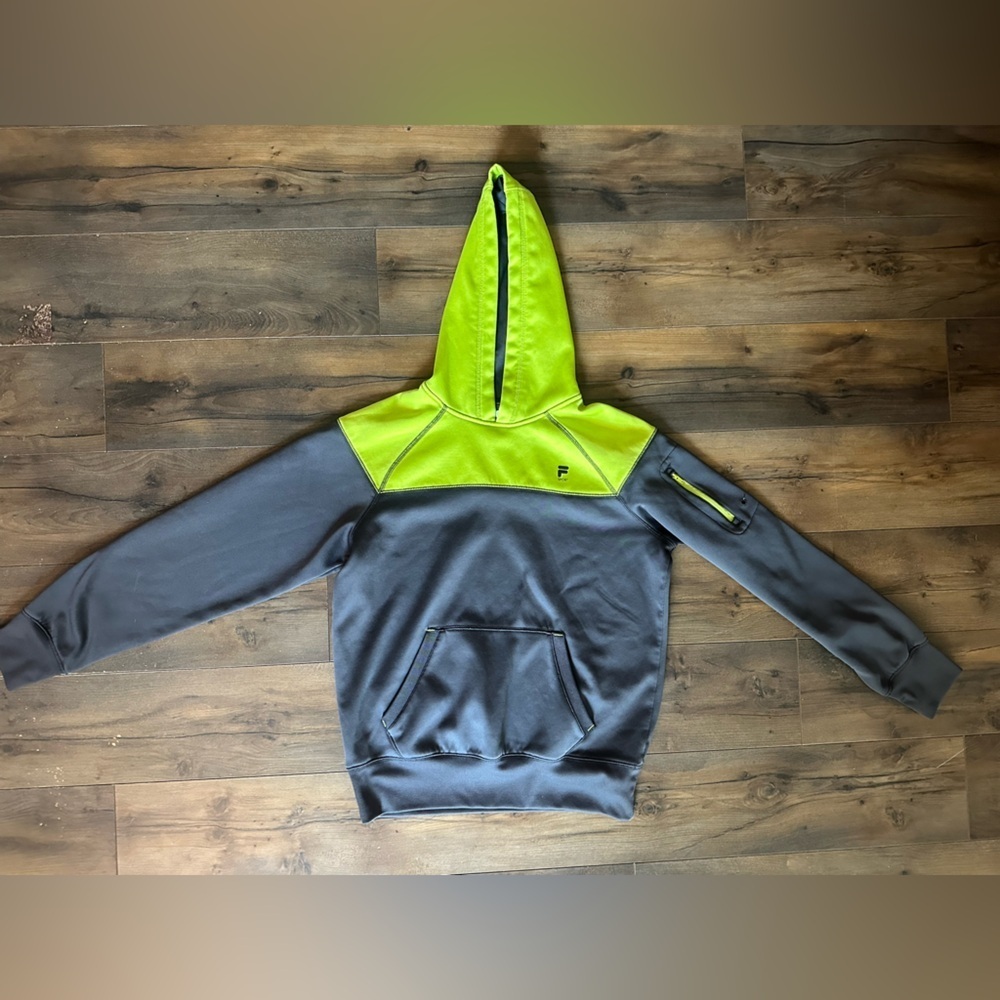 FILA Sport XL Gray Neon Hoodie | Activewear Running Pullover w/ Zip Pocket